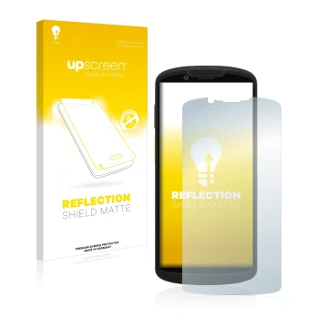 Parte frontal de un envase de producto con el logotipo de la marca upscreen. Al lado se muestra el dispositivo Zebra TC58 con 