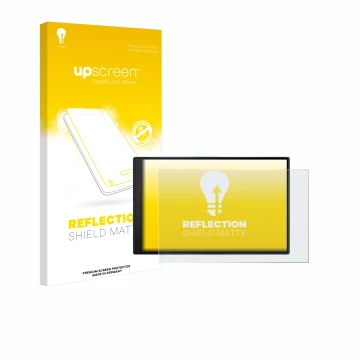 Parte frontal de un envase de producto con el logotipo de la marca upscreen. Al lado se muestra el dispositivo Garmin DriveSma