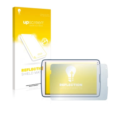 Parte frontal de un envase de producto con el logotipo de la marca upscreen. Al lado se muestra el dispositivo Zebra ET45 10.1