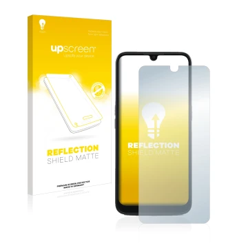 Parte frontal de un envase de producto con el logotipo de la marca upscreen. Al lado se muestra el dispositivo Doro 8100 PLUS 