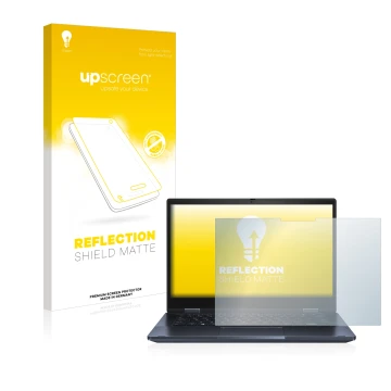 Parte frontal de un envase de producto con el logotipo de la marca upscreen. Al lado se muestra el dispositivo ASUS ExpertBook