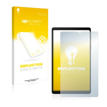 Parte frontal de un envase de producto con el logotipo de la marca upscreen. Al lado se muestra el dispositivo Samsung Galaxy 