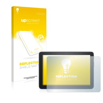 Parte frontal de un envase de producto con el logotipo de la marca upscreen. Al lado se muestra el dispositivo Amazon Fire HD 