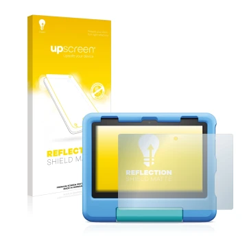 Parte frontal de un envase de producto con el logotipo de la marca upscreen. Al lado se muestra el dispositivo Amazon Fire HD 