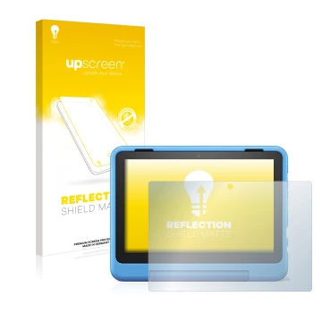 Parte frontal de un envase de producto con el logotipo de la marca upscreen. Al lado se muestra el dispositivo Amazon Fire HD 