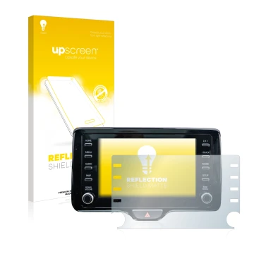 Parte frontal de un envase de producto con el logotipo de la marca upscreen. Al lado se muestra el dispositivo Toyota Yaris Cr