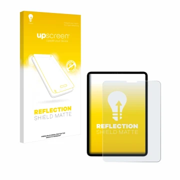 Parte frontal de un envase de producto con el logotipo de la marca upscreen. Al lado se muestra el dispositivo Apple iPad Pro 