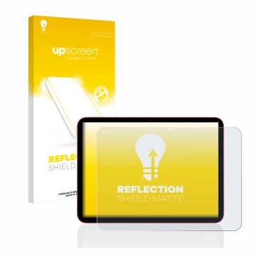 Parte frontal de un envase de producto con el logotipo de la marca upscreen. Al lado se muestra el dispositivo Apple iPad 10.9