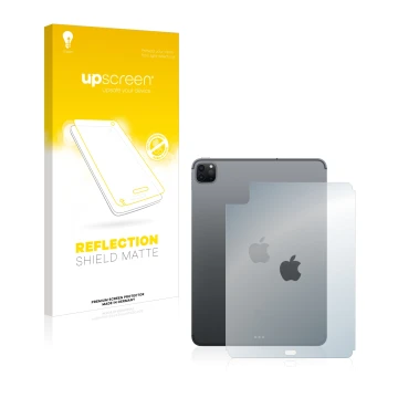 Parte frontal de un envase de producto con el logotipo de la marca upscreen. Al lado se muestra el dispositivo Apple iPad Pro 