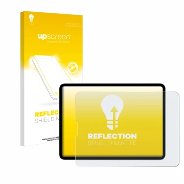 Parte frontal de un envase de producto con el logotipo de la marca upscreen. Al lado se muestra el dispositivo Apple iPad Pro 