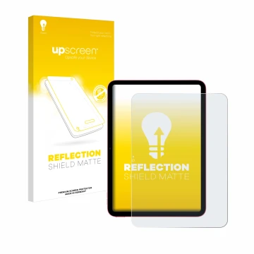 Parte frontal de un envase de producto con el logotipo de la marca upscreen. Al lado se muestra el dispositivo Apple iPad 10.9