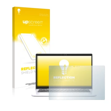 Parte frontal de un envase de producto con el logotipo de la marca upscreen. Al lado se muestra el dispositivo Dell Latitude 7