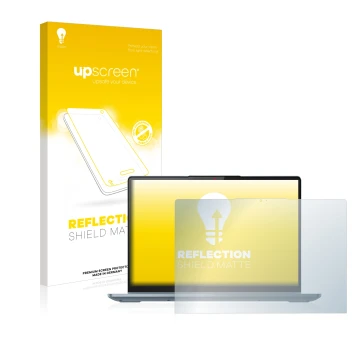 Parte frontal de un envase de producto con el logotipo de la marca upscreen. Al lado se muestra el dispositivo Lenovo IdeaPad 