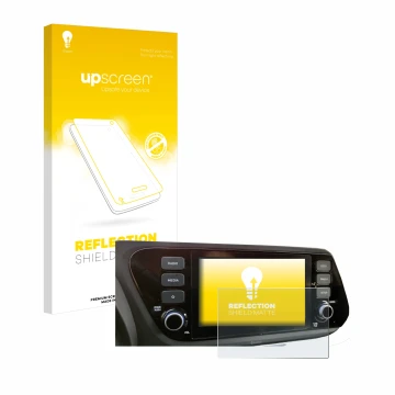 Parte frontal de un envase de producto con el logotipo de la marca upscreen. Al lado se muestra el dispositivo Hyundai i20 202