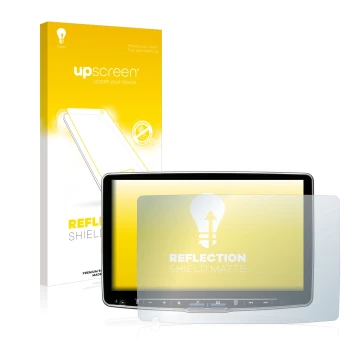 Parte frontal de un envase de producto con el logotipo de la marca upscreen. Al lado se muestra el dispositivo Alpine ILX-F115