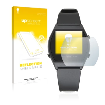 Parte frontal de un envase de producto con el logotipo de la marca upscreen. Al lado se muestra el dispositivo Casio LW-204-1B