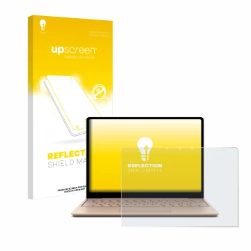 Parte frontal de un envase de producto con el logotipo de la marca upscreen. Al lado se muestra el dispositivo Microsoft Surfa