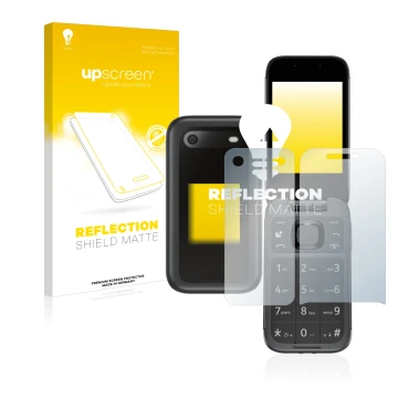 Parte frontal de un envase de producto con el logotipo de la marca upscreen. Al lado se muestra el dispositivo Nokia 2660 Flip