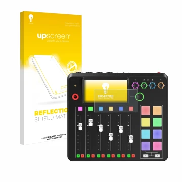Parte frontal de un envase de producto con el logotipo de la marca upscreen. Al lado se muestra el dispositivo Rode Rodecaster