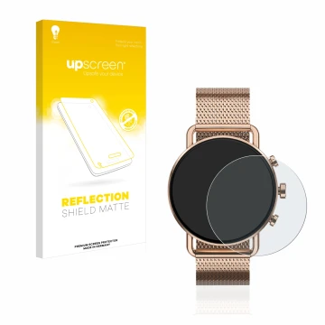 Parte frontal de un envase de producto con el logotipo de la marca upscreen. Al lado se muestra el dispositivo Skagen Falster 