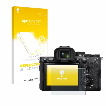 Parte frontal de un envase de producto con el logotipo de la marca upscreen. Al lado se muestra el dispositivo Sony Alpha 7R V