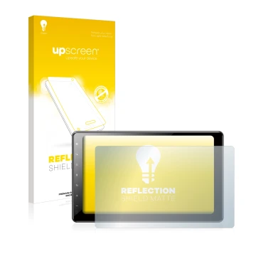 Parte frontal de un envase de producto con el logotipo de la marca upscreen. Al lado se muestra el dispositivo Pioneer AVIC-Z1