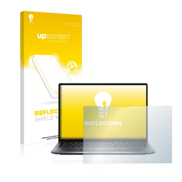 Parte frontal de un envase de producto con el logotipo de la marca upscreen. Al lado se muestra el dispositivo Dell Latitude 9