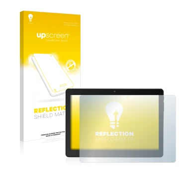 Parte frontal de un envase de producto con el logotipo de la marca upscreen. Al lado se muestra el dispositivo Acepad A145 10.