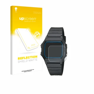 Parte frontal de un envase de producto con el logotipo de la marca upscreen. Al lado se muestra el dispositivo Casio F-105W-1A