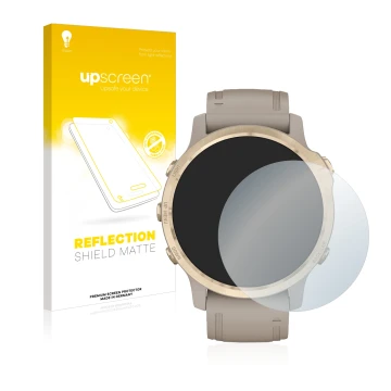 Parte frontal de un envase de producto con el logotipo de la marca upscreen. Al lado se muestra el dispositivo Garmin Fenix 6S