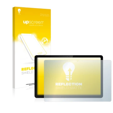 Parte frontal de un envase de producto con el logotipo de la marca upscreen. Al lado se muestra el dispositivo realme Pad 10.4