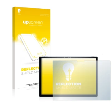 Parte frontal de un envase de producto con el logotipo de la marca upscreen. Al lado se muestra el dispositivo Dell XPS 13 931