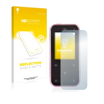 Parte frontal de un envase de producto con el logotipo de la marca upscreen. Al lado se muestra el dispositivo Vtech Kidizoom 