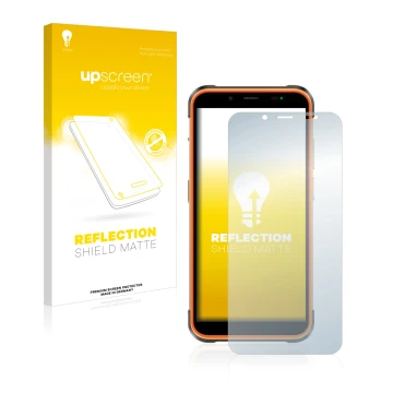 Parte frontal de un envase de producto con el logotipo de la marca upscreen. Al lado se muestra el dispositivo Ulefone Power A