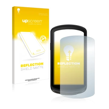 Parte frontal de un envase de producto con el logotipo de la marca upscreen. Al lado se muestra el dispositivo Garmin Edge 104