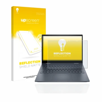 Parte frontal de un envase de producto con el logotipo de la marca upscreen. Al lado se muestra el dispositivo HP Envy x360 13