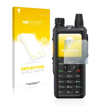 Parte frontal de un envase de producto con el logotipo de la marca upscreen. Al lado se muestra el dispositivo Hytera HP 685 c