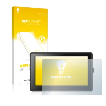 Parte frontal de un envase de producto con el logotipo de la marca upscreen. Al lado se muestra el dispositivo Wacom Cintiq 22