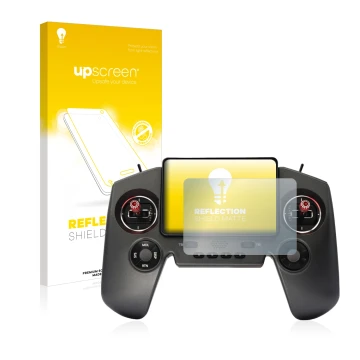 Parte frontal de un envase de producto con el logotipo de la marca upscreen. Al lado se muestra el dispositivo FrSky Twin Lite