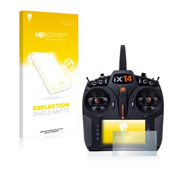 Parte frontal de un envase de producto con el logotipo de la marca upscreen. Al lado se muestra el dispositivo Spektrum iX14 c