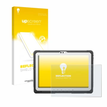 Parte frontal de un envase de producto con el logotipo de la marca upscreen. Al lado se muestra el dispositivo Panasonic Tough