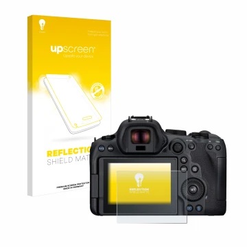 Parte frontal de un envase de producto con el logotipo de la marca upscreen. Al lado se muestra el dispositivo Canon EOS R6 Ma