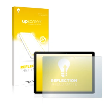 Parte frontal de un envase de producto con el logotipo de la marca upscreen. Al lado se muestra el dispositivo Pritom M10 10.1