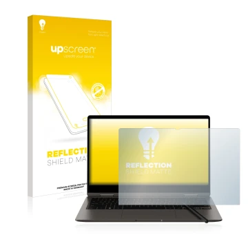 Parte frontal de un envase de producto con el logotipo de la marca upscreen. Al lado se muestra el dispositivo Samsung Galaxy 