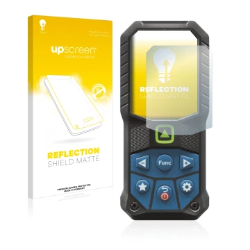 Parte frontal de un envase de producto con el logotipo de la marca upscreen. Al lado se muestra el dispositivo Bosch GLM 50-25