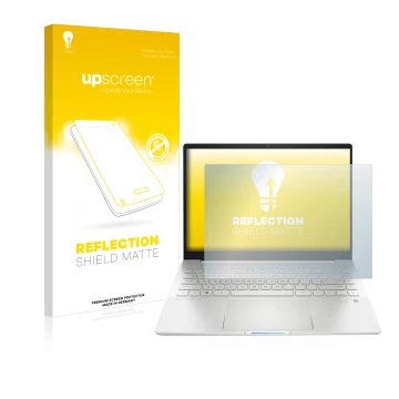 Parte frontal de un envase de producto con el logotipo de la marca upscreen. Al lado se muestra el dispositivo HP Pavilion Plu