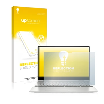 Parte frontal de un envase de producto con el logotipo de la marca upscreen. Al lado se muestra el dispositivo HP Envy x360 2-