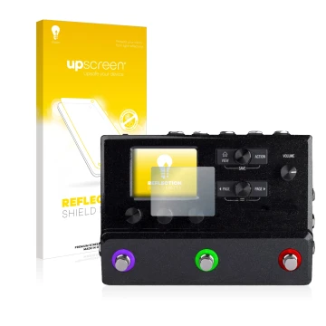 Parte frontal de un envase de producto con el logotipo de la marca upscreen. Al lado se muestra el dispositivo Line 6 hx stomp