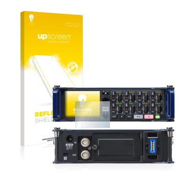 Parte frontal de un envase de producto con el logotipo de la marca upscreen. Al lado se muestra el dispositivo Zoom F8 field r