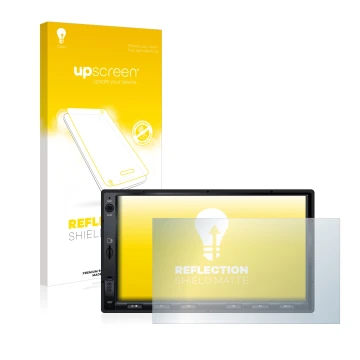 Parte frontal de un envase de producto con el logotipo de la marca upscreen. Al lado se muestra el dispositivo Atoto S8 Standa